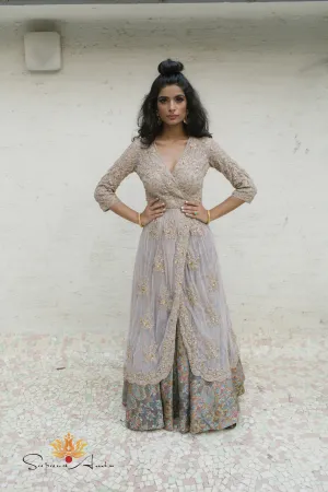Grey Wrap Dress with Peacock Printed Lehenga  Elegant Traditional Set
