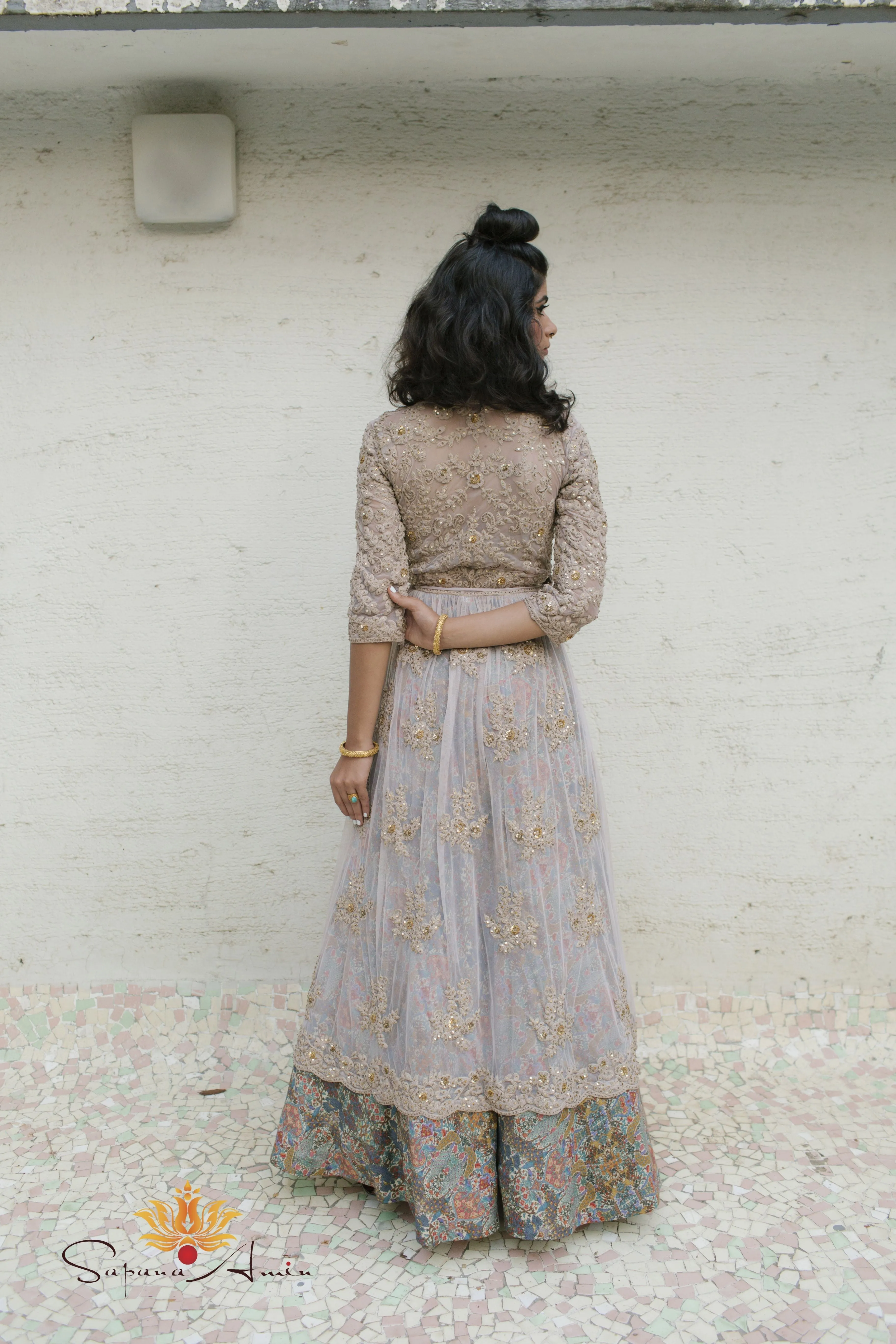 Grey Wrap Dress with Peacock Printed Lehenga  Elegant Traditional Set