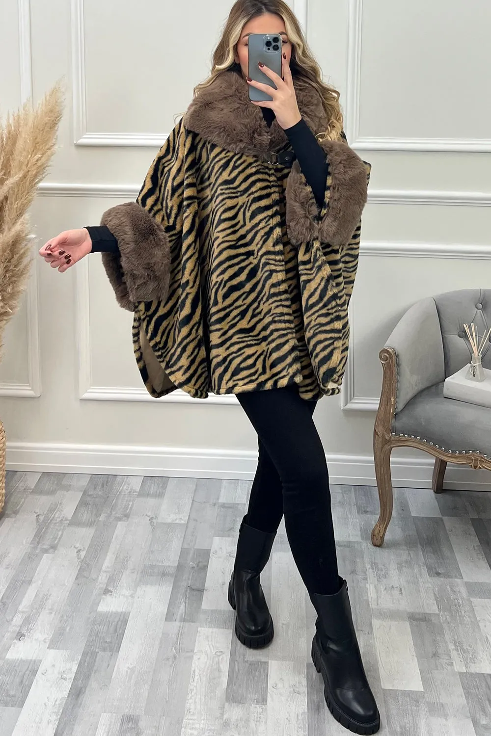 Jessie Camel and Black Tiger Print Faux Fur Cape