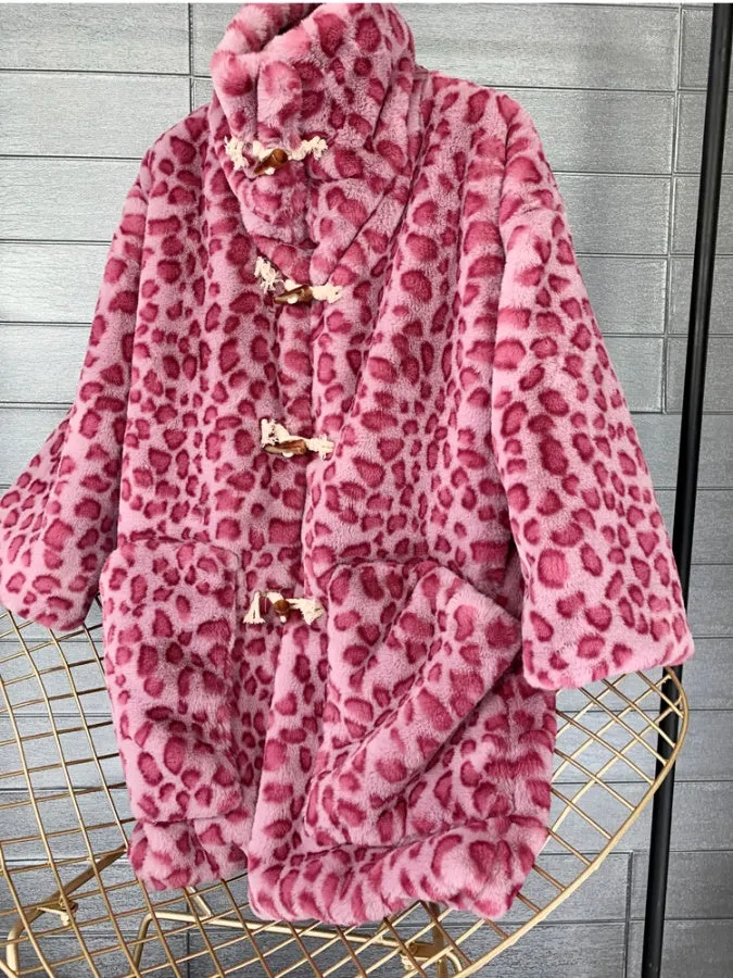 Mid Length Pink Leopard Faux Fur Coat　X2859