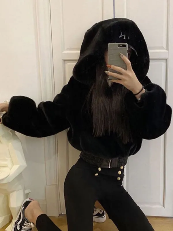 New Woman Outerwear Black Hooded Long Sleeves Casual Woolen Coat