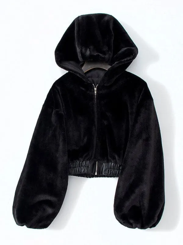 New Woman Outerwear Black Hooded Long Sleeves Casual Woolen Coat