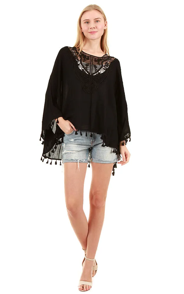 PP8031 Black Solid Embroidery Neck Tunic Poncho