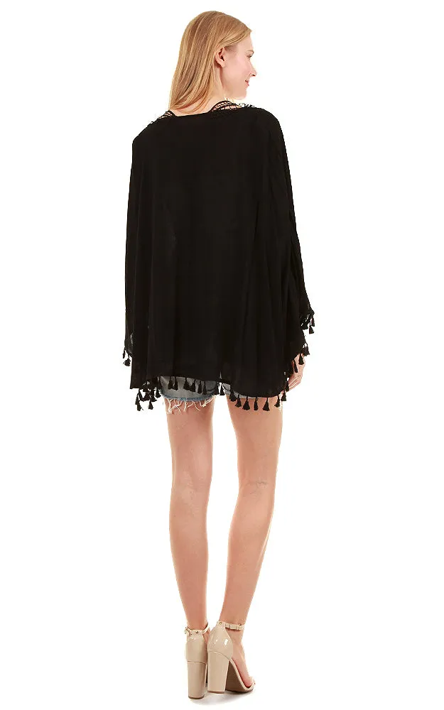 PP8031 Black Solid Embroidery Neck Tunic Poncho