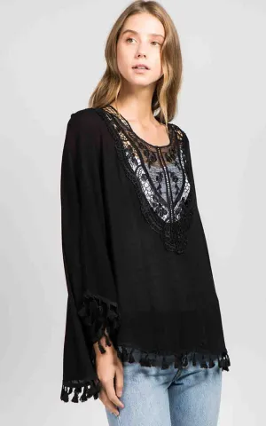 PP8031 Black Solid Embroidery Neck Tunic Poncho