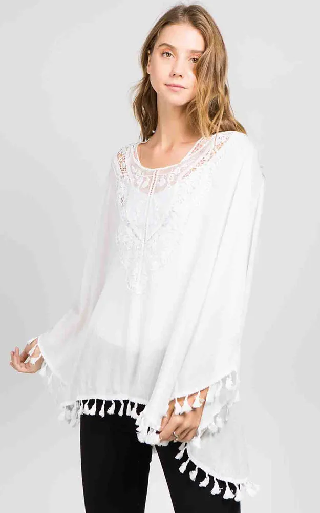PP8031 Black Solid Embroidery Neck Tunic Poncho