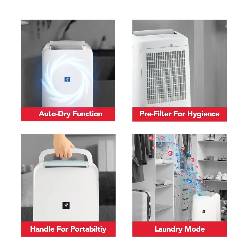 SHARP DW-P10M-W Electric Dehumidifier with Plasmacluster Technology – 10L/Day Moisture Removal, Clothes Dryer Mode, 250 Sq. Ft. Coverage, Dual Drainage
