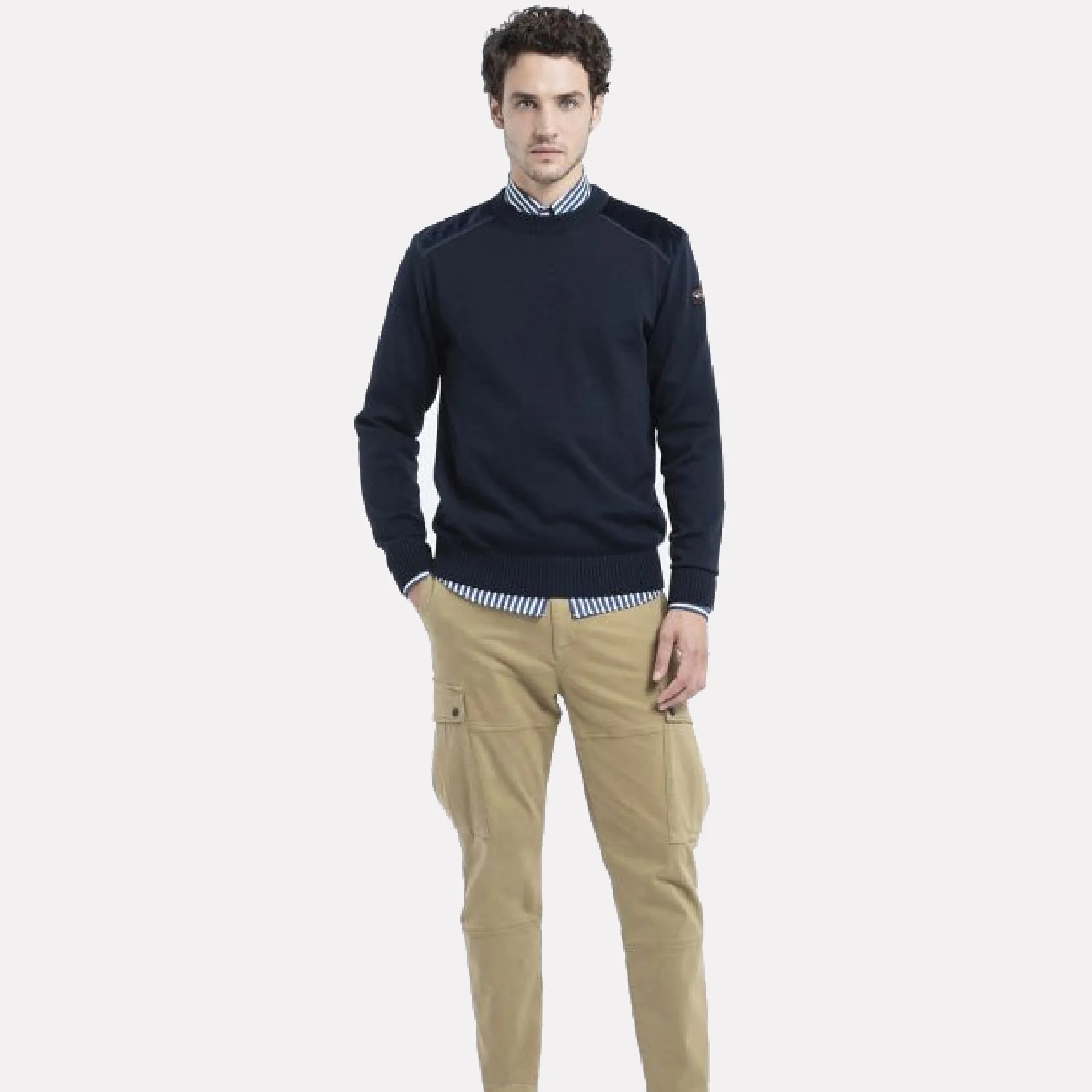 Wool Crewneck Jumper with Corduroy Trim Details / Navy Blue